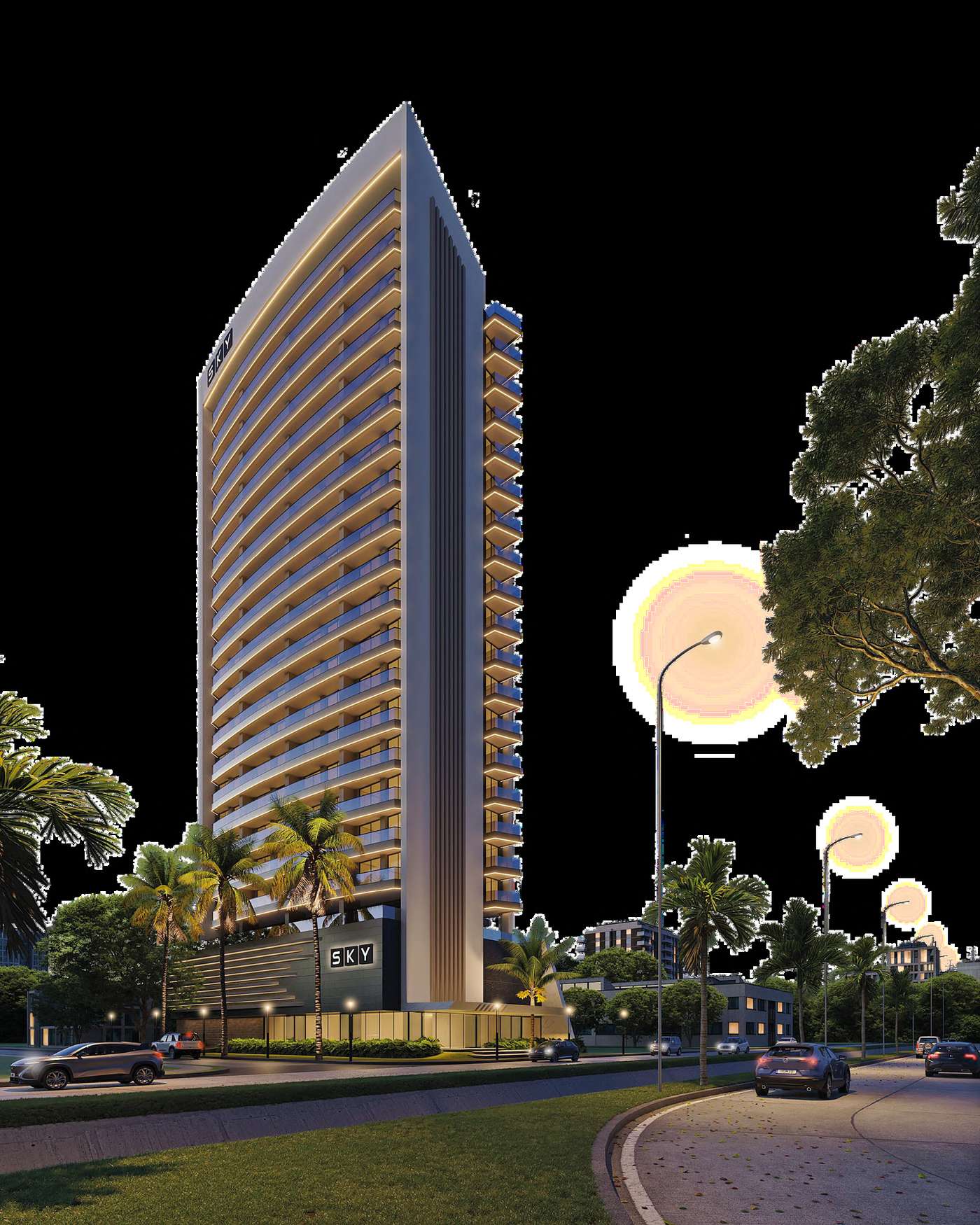 La torre de noche, render de Sky Equinox
